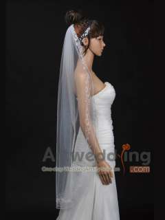 1T New White Tulle Fingertip Wedding Bridal Veil Headpieces with Pearl 