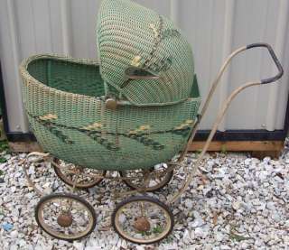 Vintage South Bend Toy Green Wicker Baby Carriage Buggy  