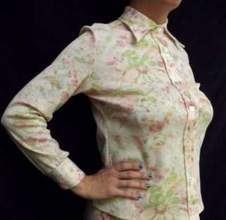 60s 70s Vintage Pink Floral Print A Line Skirt & butterfly Collar 