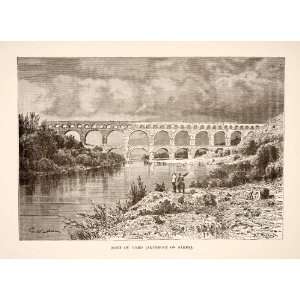 1890 Wood Engraving Art Ancient Roman Pont du Gard Aqueduct Bridge 
