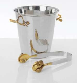   HAMMERED STAINLESS STEEL W BRASS LEAF DESIGN ICE BUCKET WITH ICE TONG