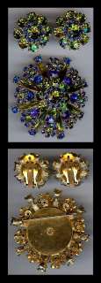 VINTAGE BLUE AND OLIVE GREEN RHINESTONE PIN & EARRINGS  
