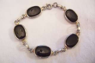 Vintage Black Onyx Glass Link Bracelet Gold over Silver  