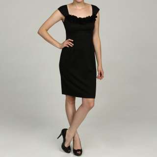 London Times Womens Black Ponte Ruffled Cap sleeve Dress   