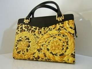  VERSACE Purse Tote BAG Leopard PVC Black leather RARE Lady GaGa  