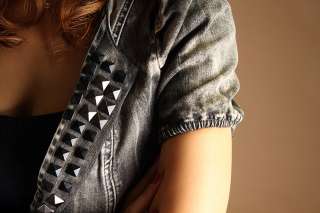 Studded Collar CROPPED DENIM JACKET Gorgeous Short Puff Sleeve Jean 