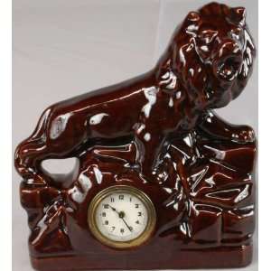   German Art Deco Majolica Lion Mantle Clock RUNS 