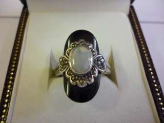   DECO STYLE OPAL,BLACK ONYX & MARCASITE STERLING SILVER RING R/S  