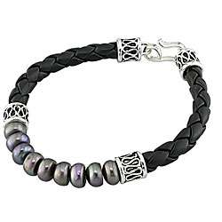 Cultured Black Pearl and Leather Bracelet (7 7.5 mm)  