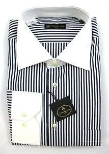 New CORNELIANI Italy White & Navy Stripe Cotton Dress Shirt 17.5 44 