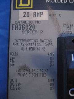 SQUARE D FA36020 3 POLE 20 AMP CIRCUIT BREAKER  