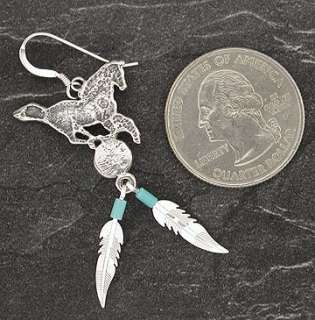 Sterling Silver Turquoise Horse Feather Dangle Earrings  