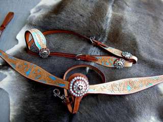 BRIDLE WESTERN LEATHER HEADSTALL BREAST COLLAR TURQ  