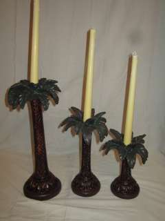 NEW 3pc TROPICAL PALM TREE TAPER CANDLE STICK HOLDERS DECORATION RESIN 