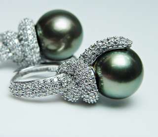 11mm Black South Sea Pearl 334 Diamond Earrings 14K White Gold Estate 