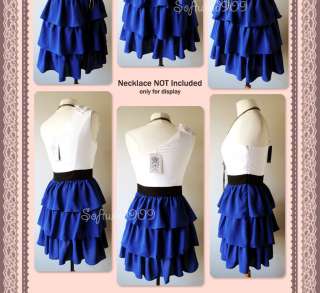   Royal Blue One Shoulder Bow Accent Contrast Ruffle Skirt Dress  