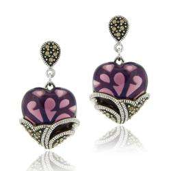 Sterling Silver Purple Glass and Marcasite Heart Dangle Earrings 