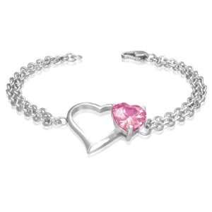 Stainless Steel Love Heart Double Strand Womens Bracelet with Pink Gem 
