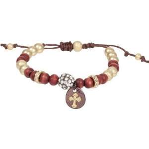   Gold Tone and Brown Cross Wood Beaded Zen Bracelet with Clear Crystals