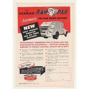  1955 Herman Ram Pak Refuse Disposer Garbage Truck Print Ad 