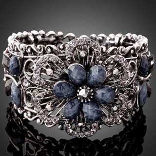 Vintage Style Gray Crystal Flower Bangle Cuff Bracelet  