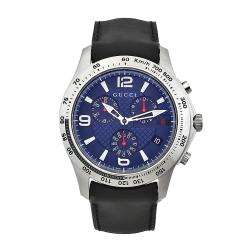 Gucci Mens Timeless Black Leather Blue Dial Chronograph Watch 