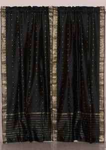 Rod Pocket   Pair Black Silk Sari Curtains / Drapes / P  