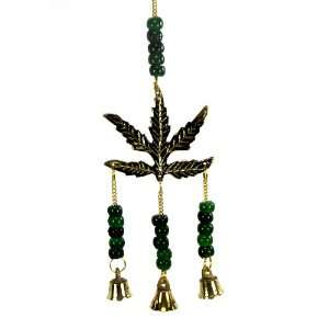   Wind Chime with 3 Bells and Green Colored Beads, Solid Brass, 10 1/2