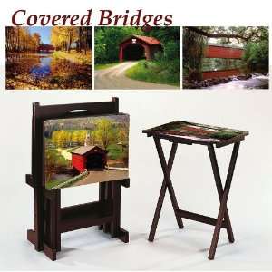  TV Tray Set of 4 w/Stand, Covered Bridges