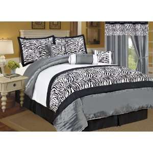   Comforter Set+Window Curtain King Grey/Black/White