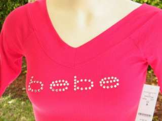 BEBE logo streach crystals t shirt ribbed V NECK RED 158792  