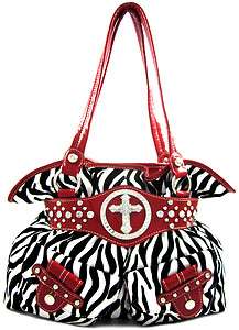   Velvety Zebra Rhinestone Bling Cross Stud Pockets Purse Handbag Red