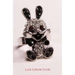 Luos Beautiful lucky Rabbit Sterling Silver Ring with Black Crystal 