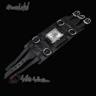   Skull Square Analog Gothic Watch Ring Wide Black Leather Buckle  