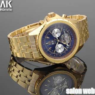 Gold Pilot Style AK Homme Blue Dial Mens Day Date Auto Mechanical 