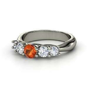   Oh La Lovely Ring, Round Fire Opal 14K White Gold Ring with Diamond