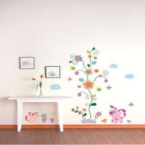 FLOWER & PUPPY Adhesive Removable Home Wall Decor Accents Stickers 