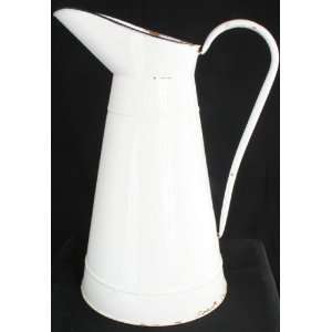  Large Vintage French White Enamel Body Pitcher Vase 