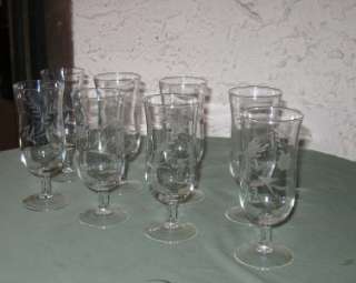 VINTAGE WINE GLASS LOT OF 8 ETCHED BERRIES AND STEMS OLD LOT   