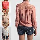   Lace Yoke Tie Front BLOUSE 3/4 Rolled Sleeve Button Shirts Top NEW