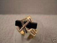 14K Gold Art Deco Ring with Black Onyx and Diamonds  