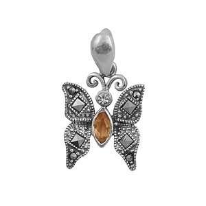   Marcasite Pendant With Yellow Topaz Stone   Butterfly   20mm Height