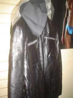 Men Smash Black Leather Jacket coat wit attached hoodie  