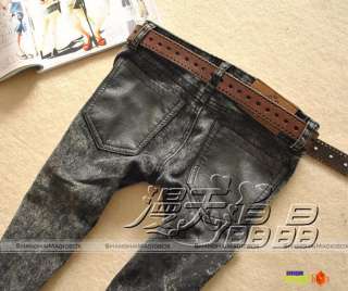 Women Fashion Splice Slim Fit Faux Leather Denim Pencil Jeans Pants 