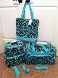 BROWN & TURQUOISE FLORAL PRINT 4 PC LUGGAGE SET  