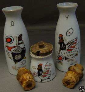Japan Rooster Hen Porcelain Vinegar Oil Cruets Mustard  