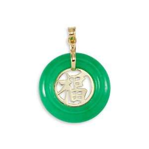    Solid 14k Gold Chinese Luck Round Green Jade Pendant Jewelry