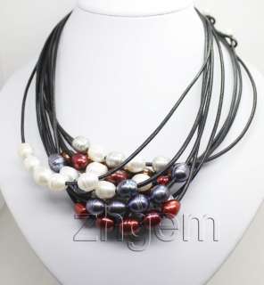   lots 9strands mix big pearl beads necklace black leather chain  