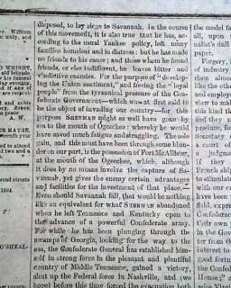   of Coosawhatchie SC GENERAL SHERMAN Civil War 1864 Newspaper  