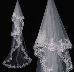 New White Wedding Bridal applique Mantilla Veil  